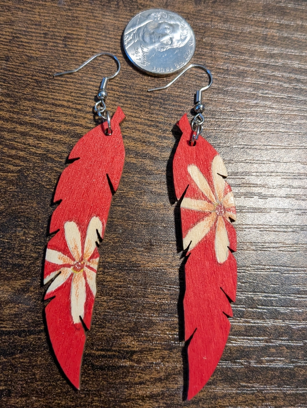 Native American Hand Painted Red Floral Feather Wood Drop Earrings